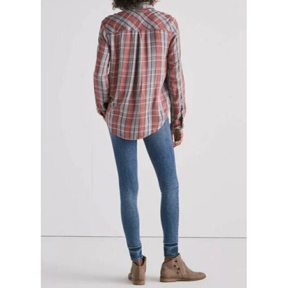 Lucky Brand Top Womens Medium Red Gray Plaid Button Up Long Sleeve Boho Comfy - Picture 4 of 11